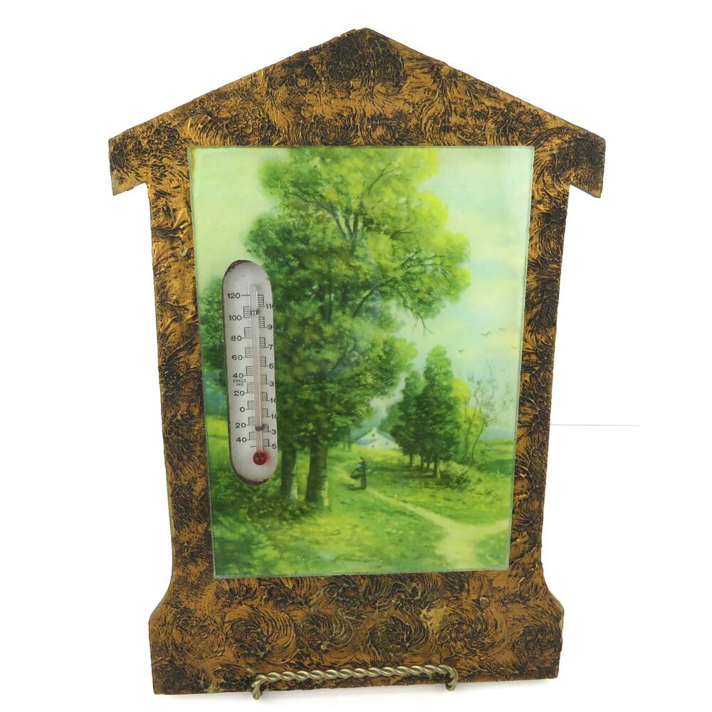 Vintage 11" Framed Thermometer w/ Country Scene Farmhouse Rustic Gold Wood Frame